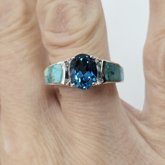 Genuine London Blue Topaz & Turquoise Ring Sterling Silver Size 7 NEW - Picture 7 of 7